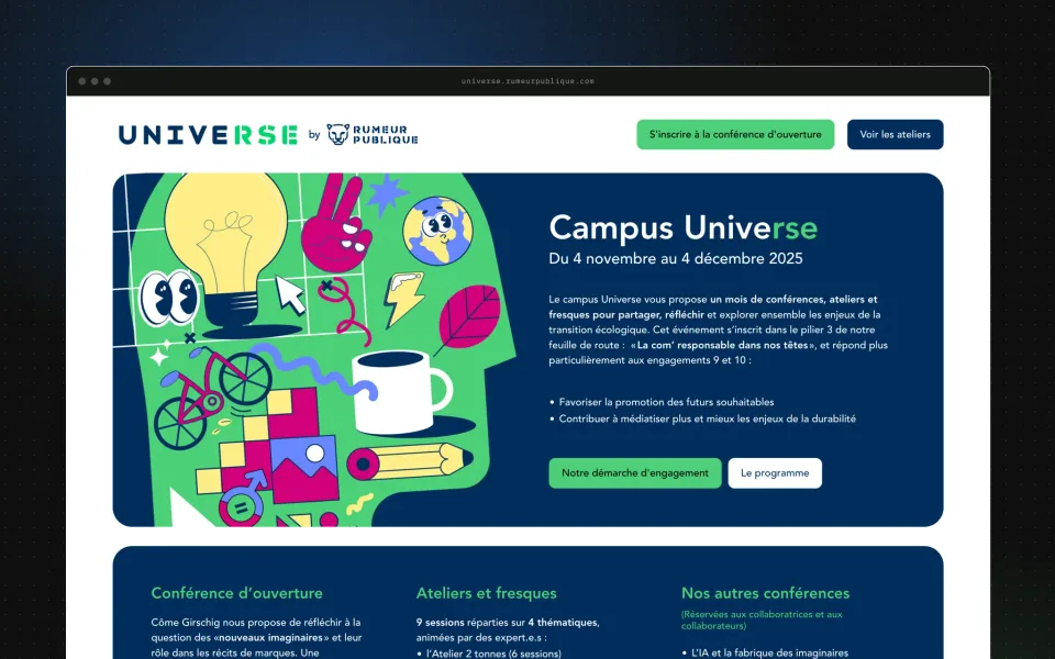 Page d'accueil : le programme du campus en trois colonnes